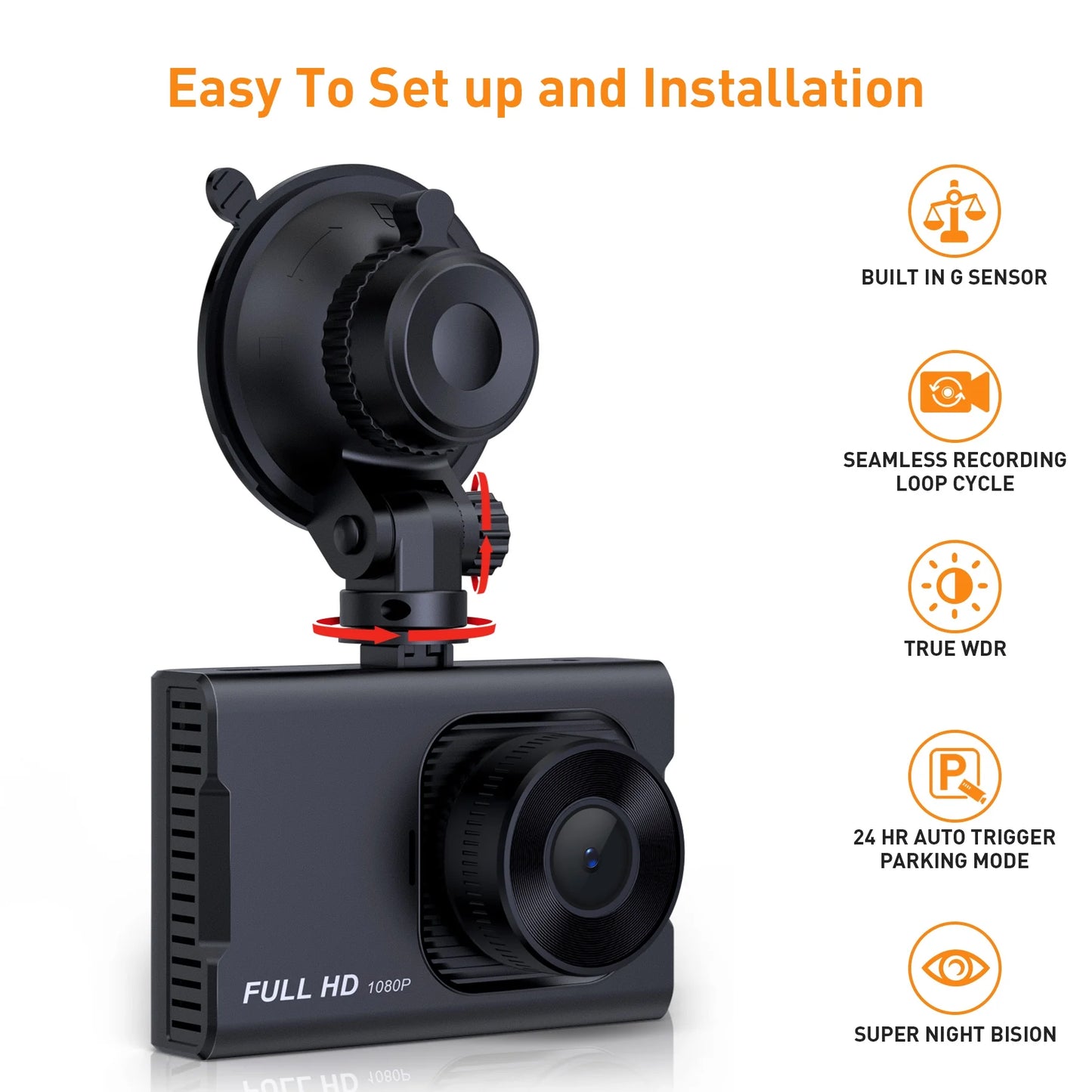 TrueWitness™ Dash Cam Front and Rear, 1080P Full HD Dash Camera